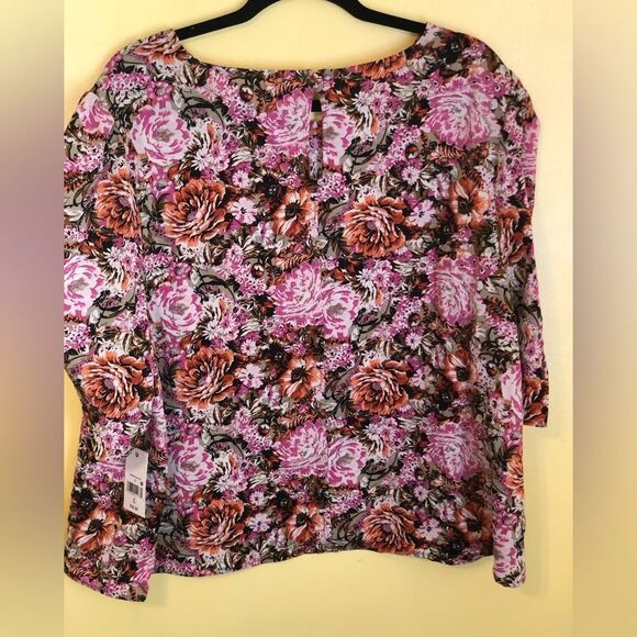 Ophelia Roe. Womens Floral Print Ruched Sleeve Top Blouse Black Pink Size 2X NWT - Picture 2 of 4